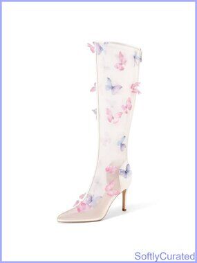 Clear Knee High Boots Butterfly Pointed Toe Stiletto Heels Mesh